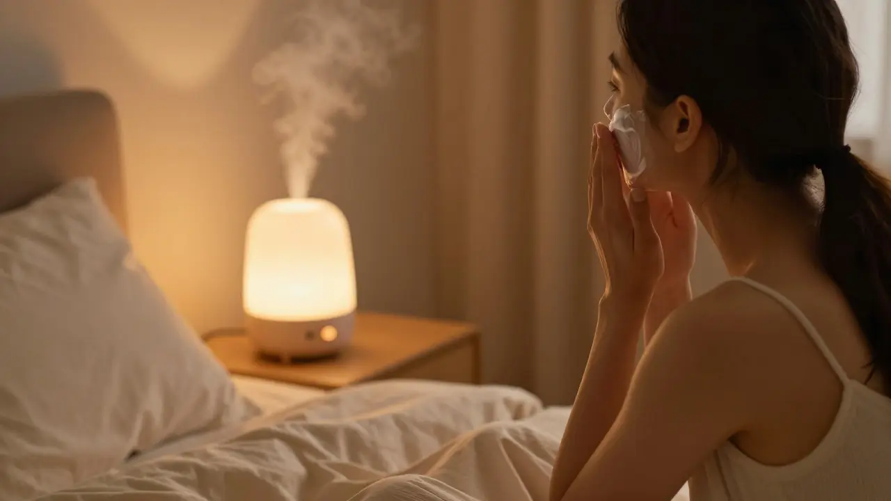 Woman applying facial balm in a dimly lit bedroom with a running humidifier