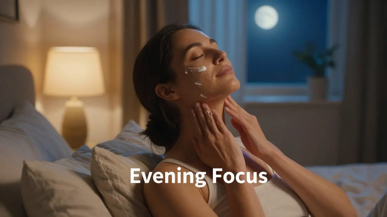 Woman applying moisturizer to her neck during an evening skincare routine