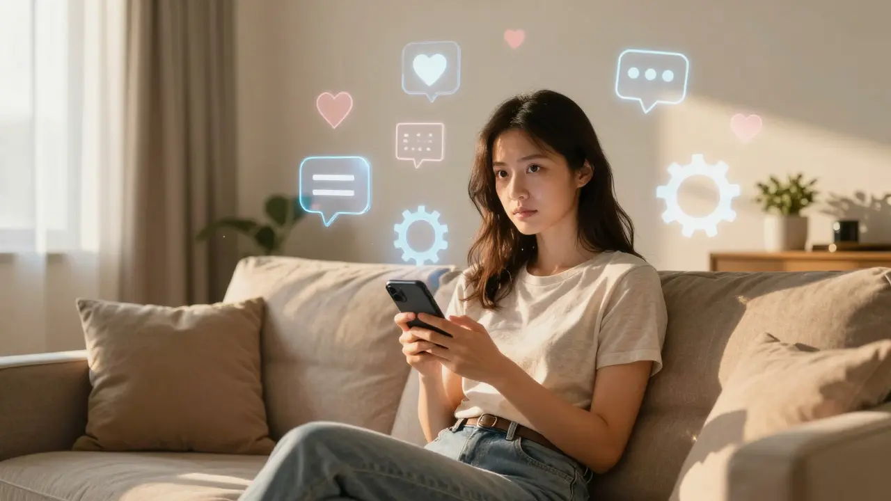 Woman calmly using phone while holographic social media icons float around her