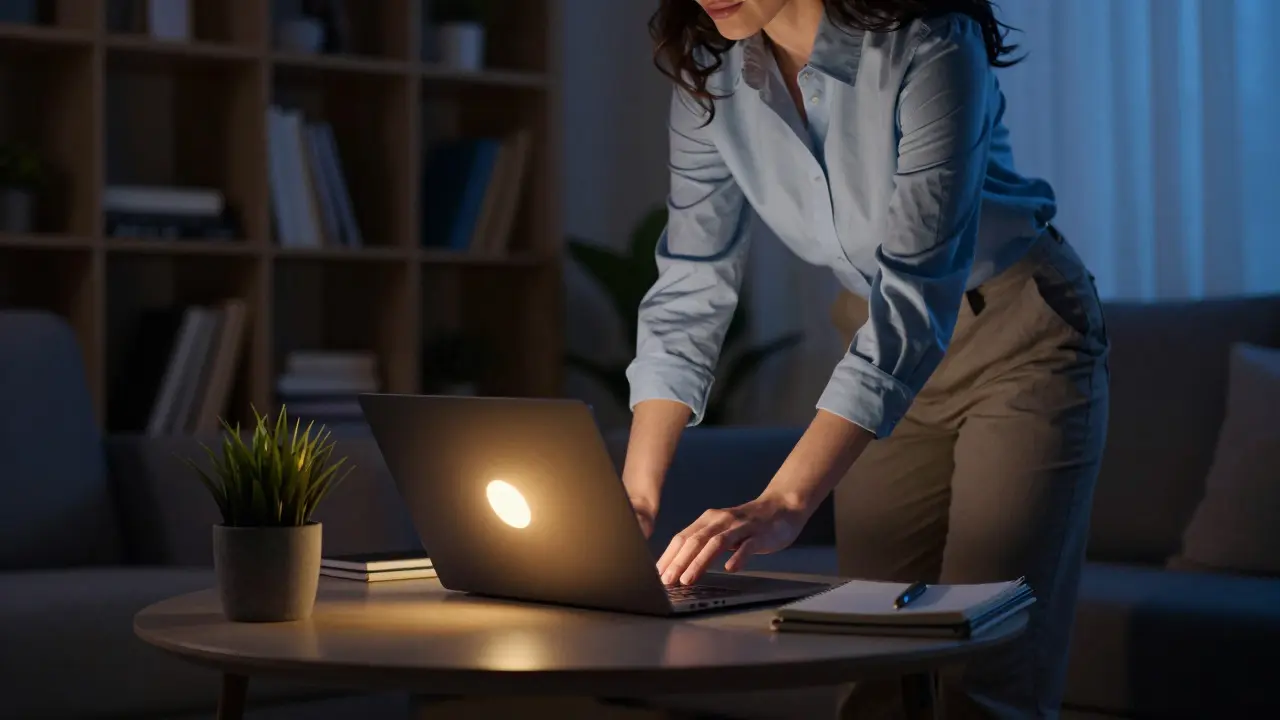 Woman closing a laptop in a dimly lit room, marking the end of her workday with a shutdown ritual.