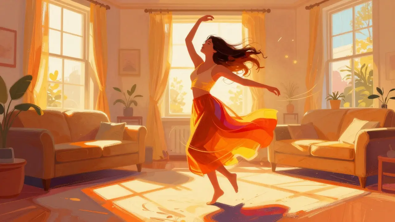 Woman dancing expressively in a sunlit room