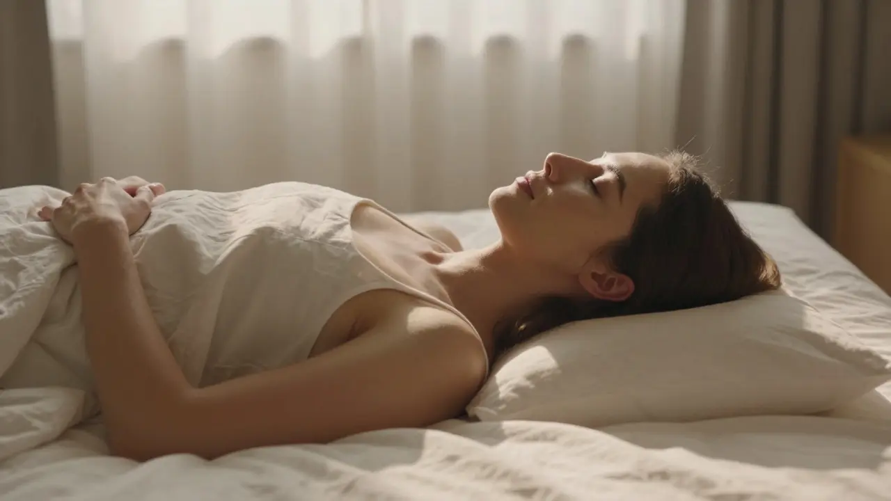 Woman lying in bed with eyes closed, breathing deeply in soft sunlight