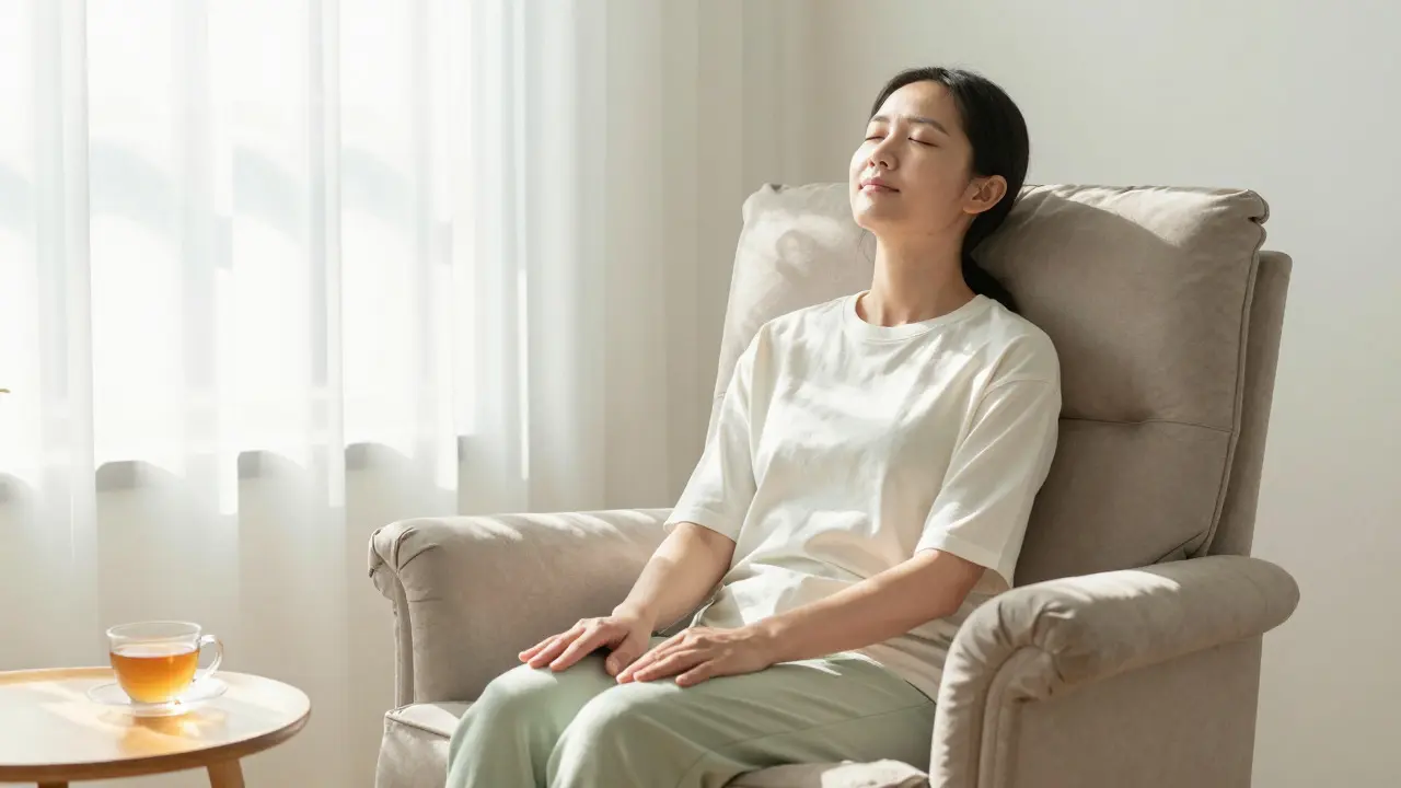 Woman meditating peacefully in a sunlit room with a cup of tea, practicing deep breathing