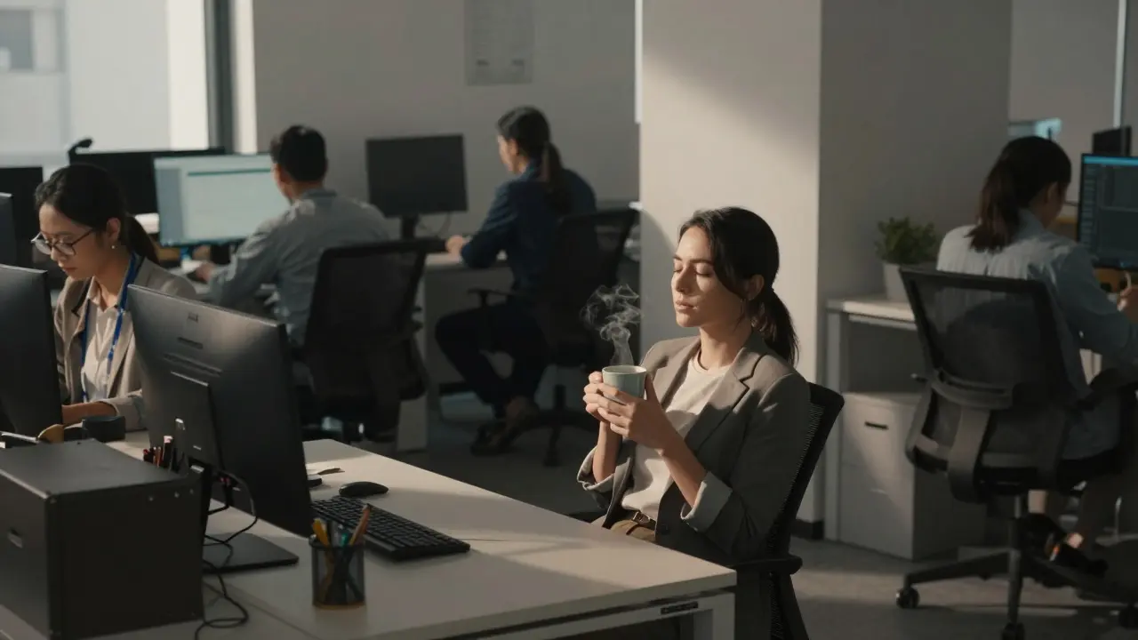 Woman meditating quietly at a desk in a busy office