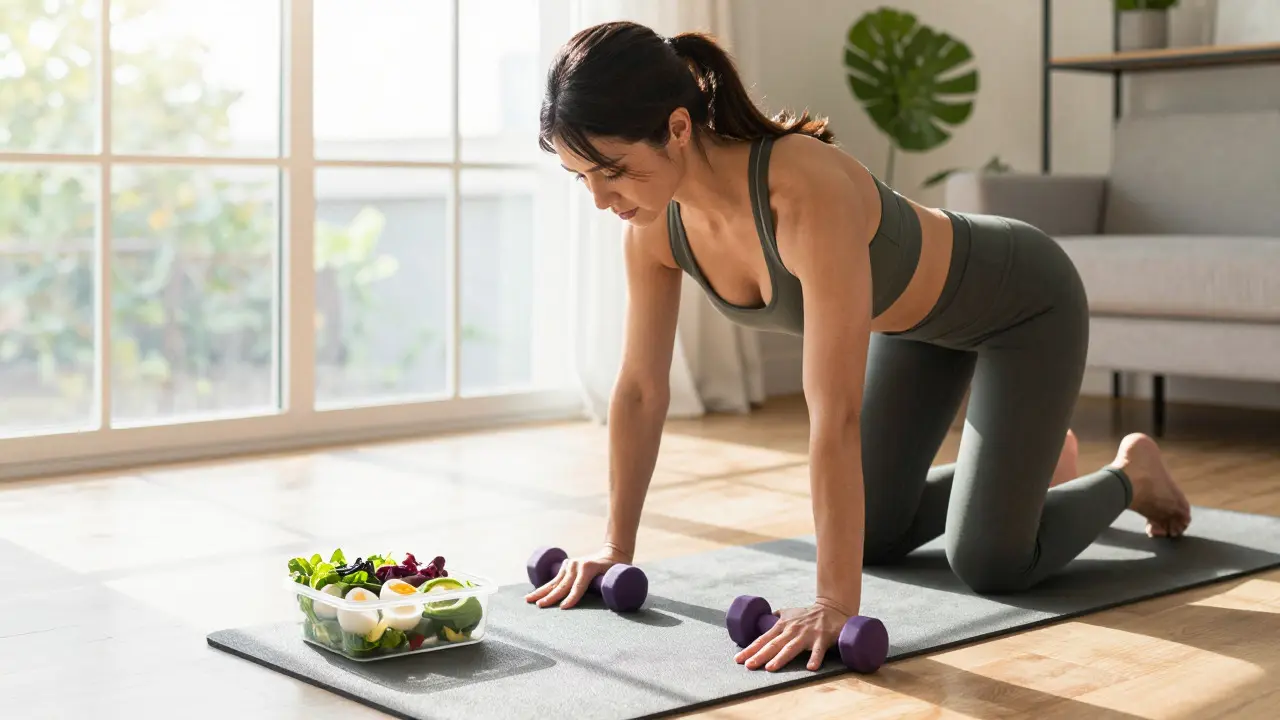 Woman performing strength training exercises next to a healthy, protein-rich meal