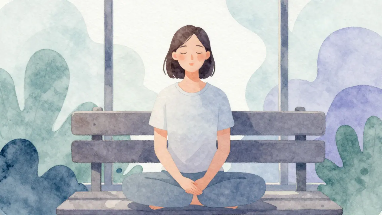 Woman practicing mindfulness and breathing exercises on a park bench