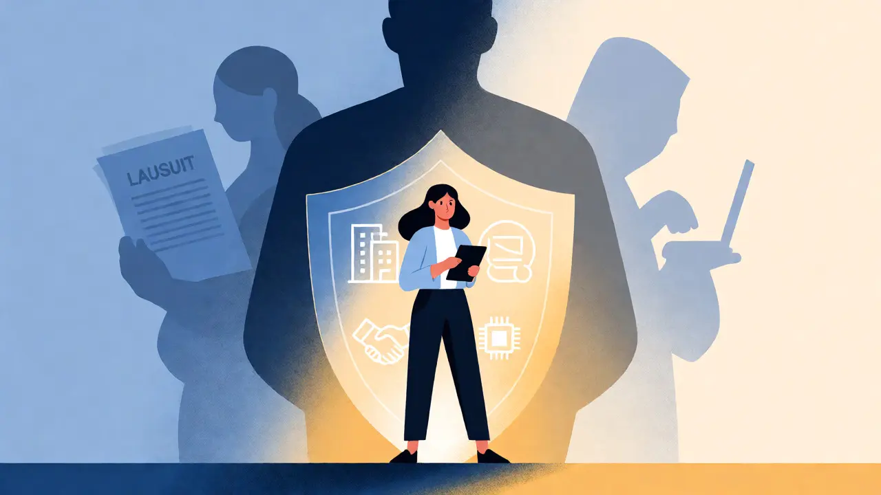 Woman protected by shield against business liability threats