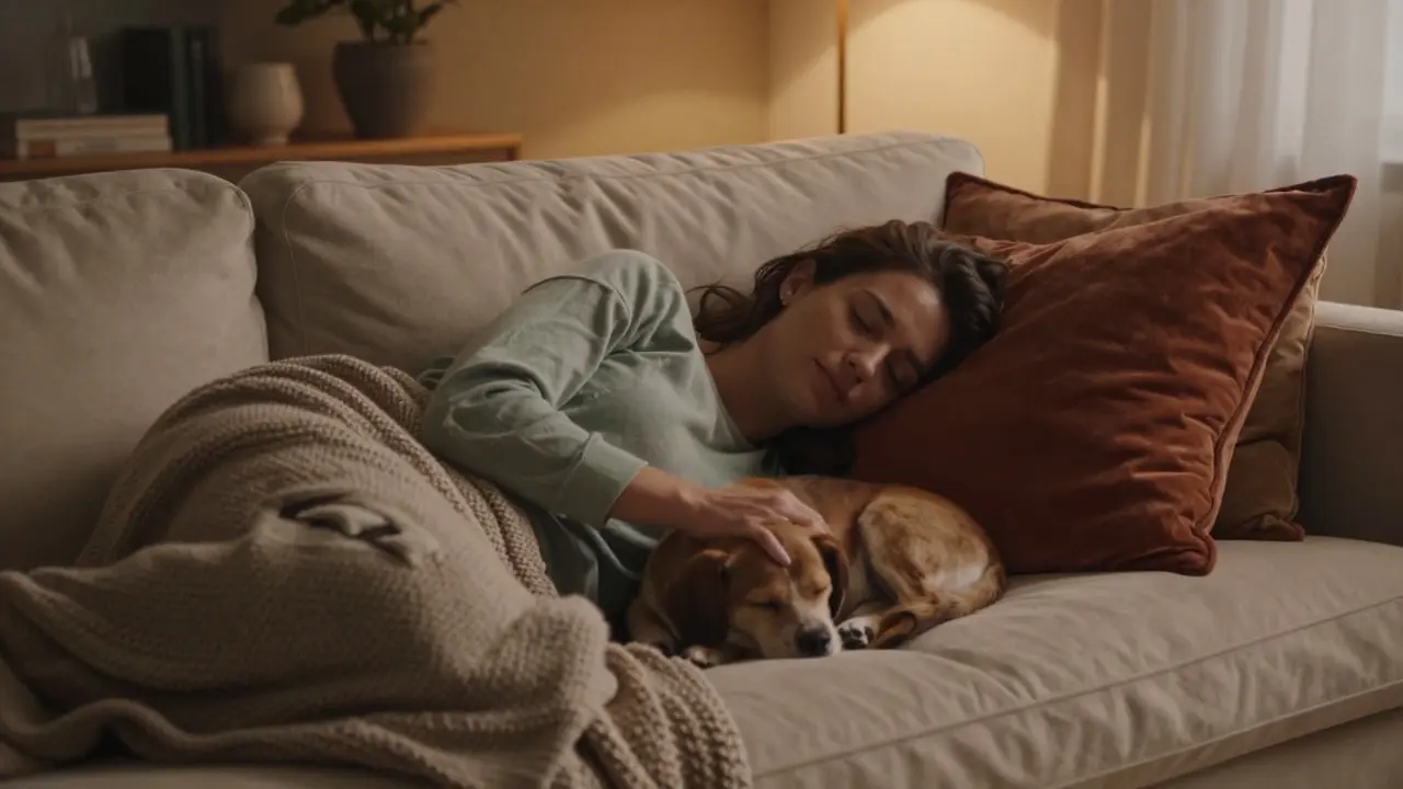 Woman resting peacefully on a sofa with a sleeping dog in a warm, cozy living room