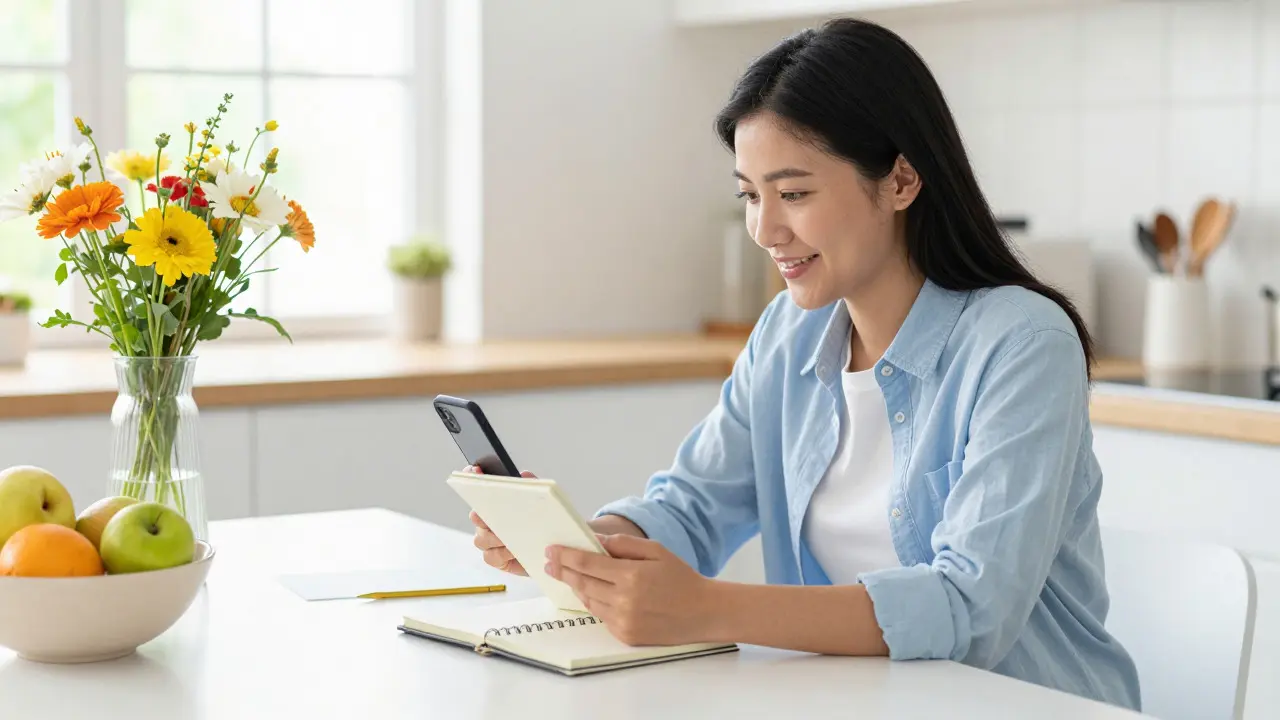 Woman reviewing finances with phone and planner in kitchen