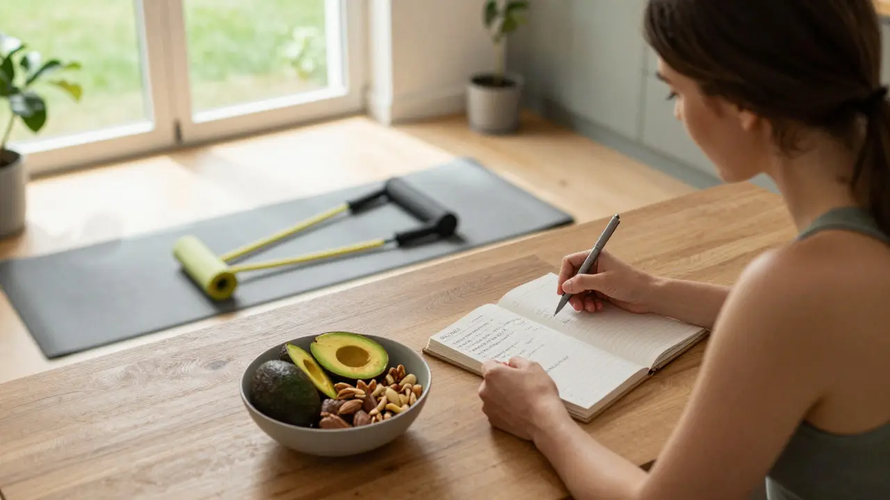 Woman reviewing workout log next to healthy food at home