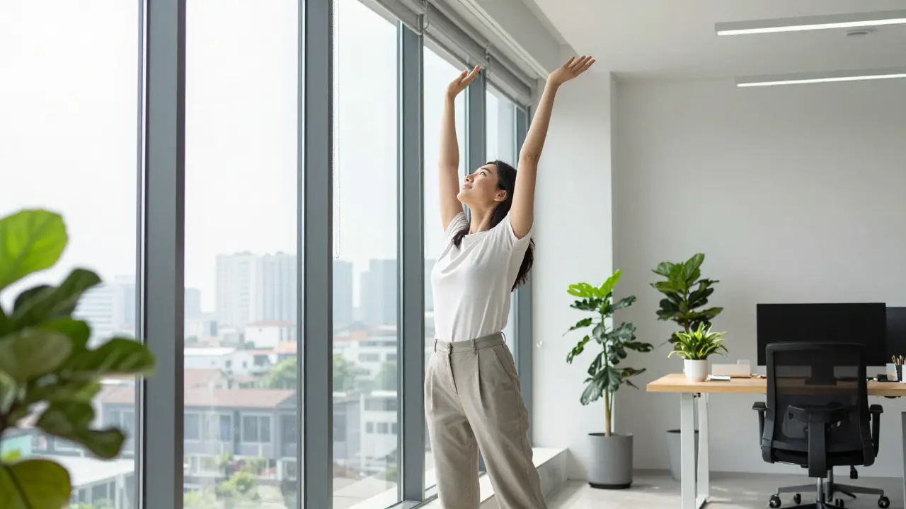 Woman stretching by a window in a bright, modern room