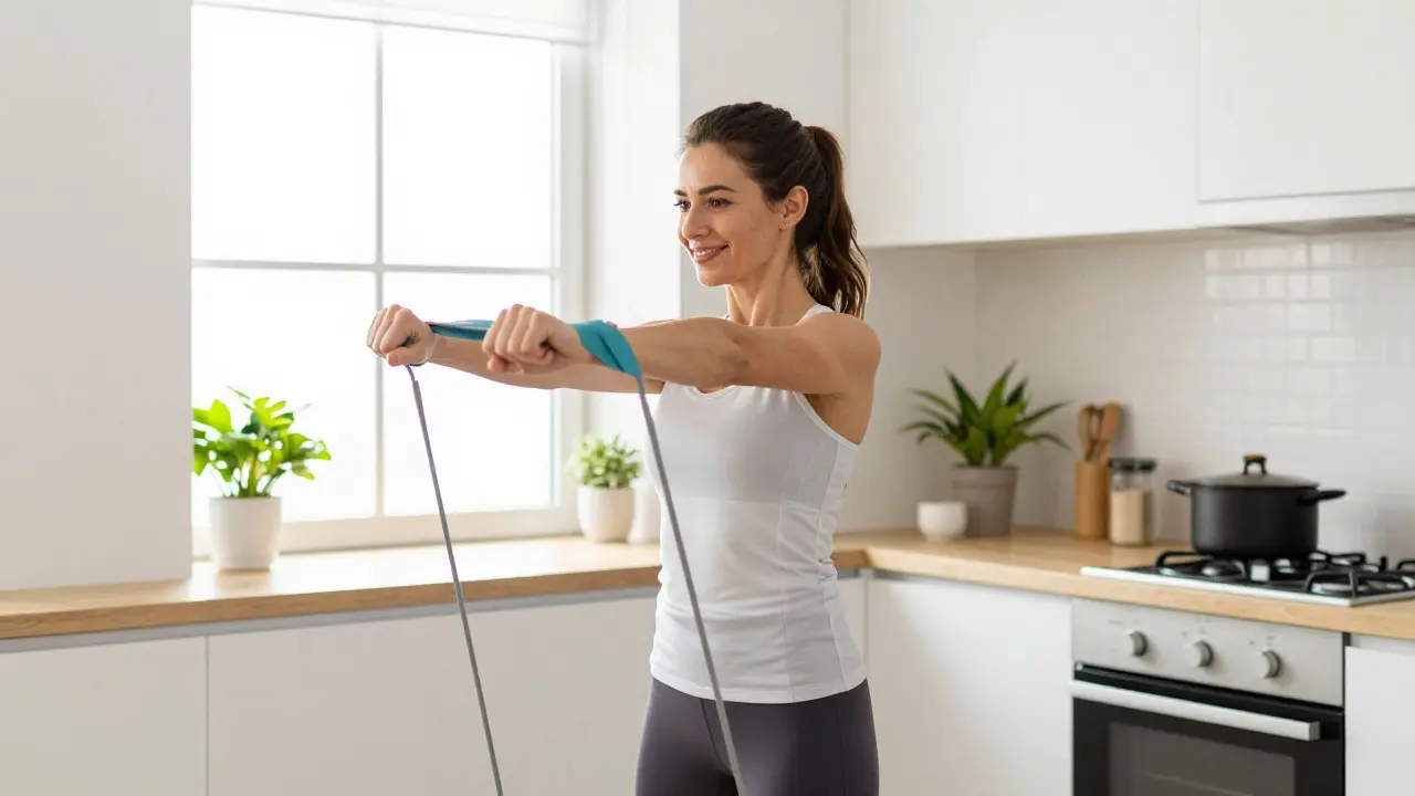 Woman using resistance bands in a sunlit kitchen while cooking