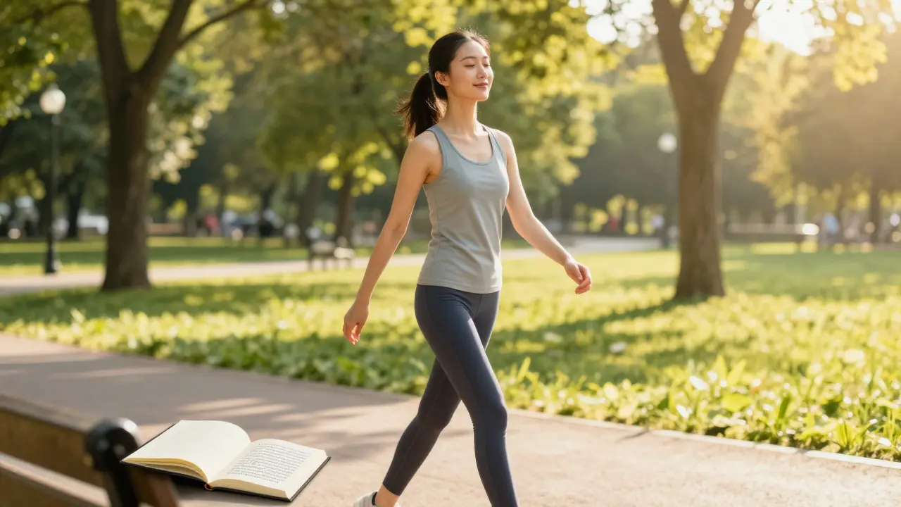 Woman walking peacefully in a park with a notebook on a bench