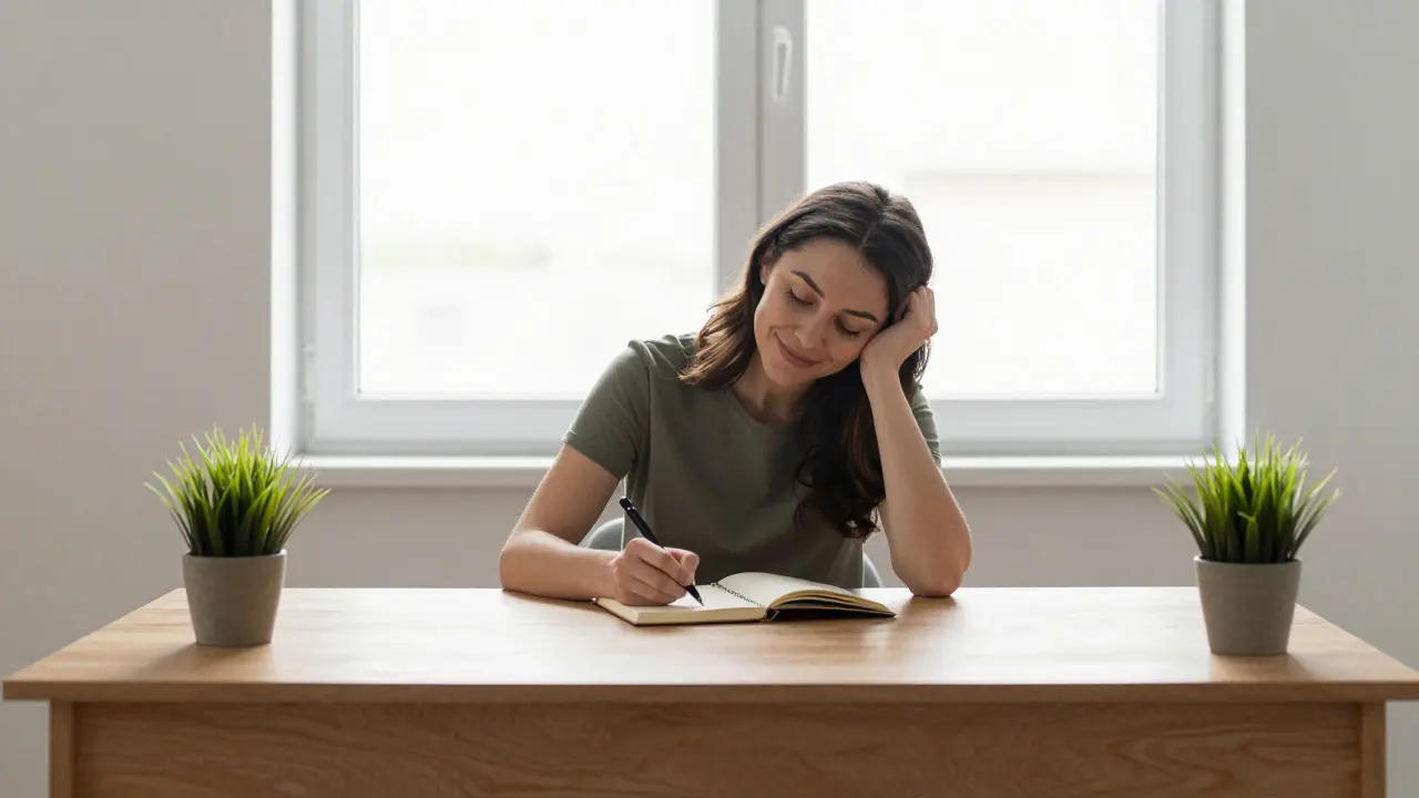 Woman writing in a journal at a sunny desk with a potted plant