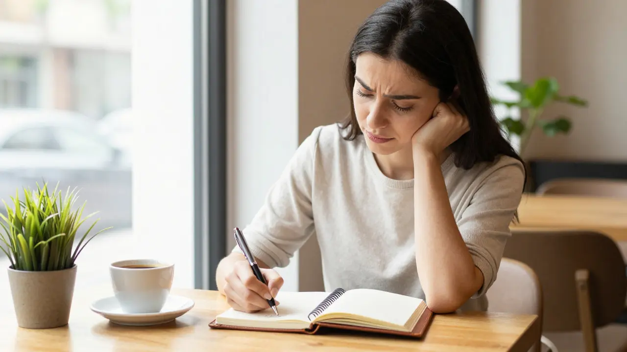 Woman writing in journal at sunny cafe table