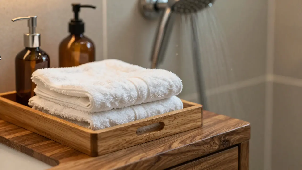 Wooden vanity with towels and rainfall showerhead showcasing natural textures