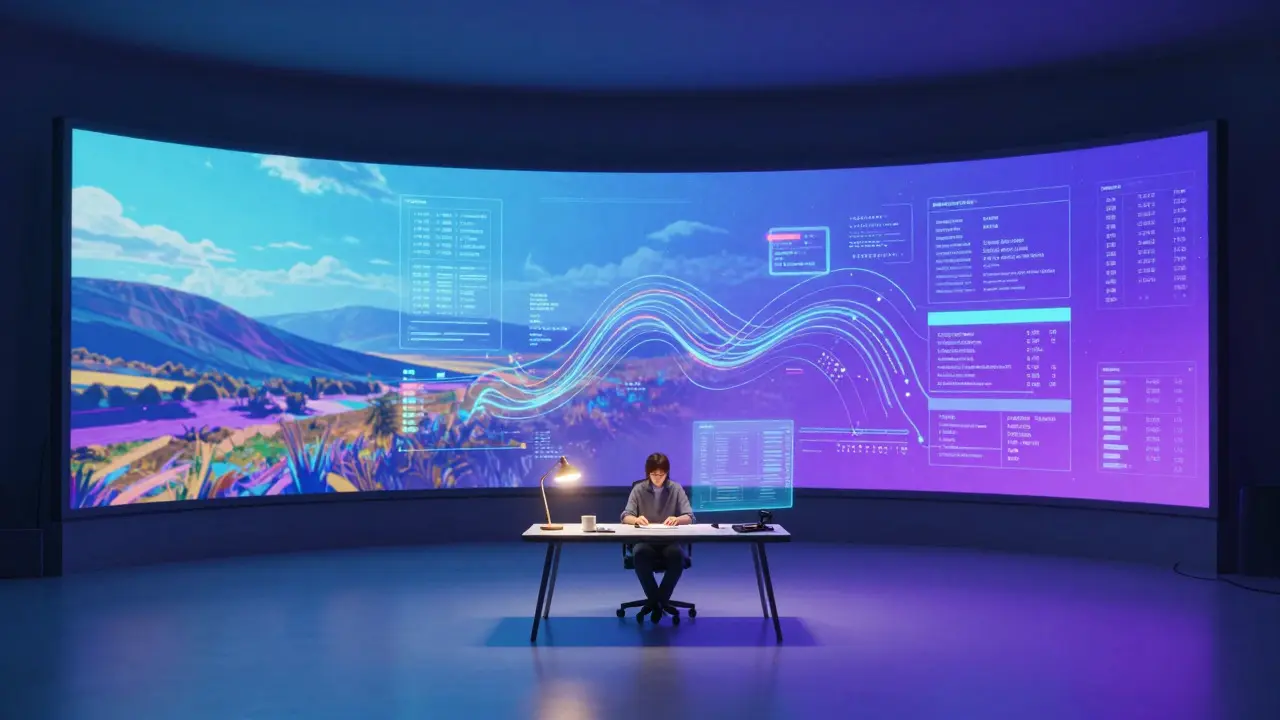 Writer working amidst holographic data in a futuristic virtual studio