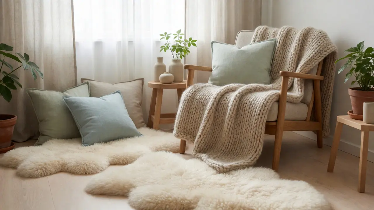 A cozy Scandinavian hygge corner with light wood furniture, wool blankets, and soft lighting.