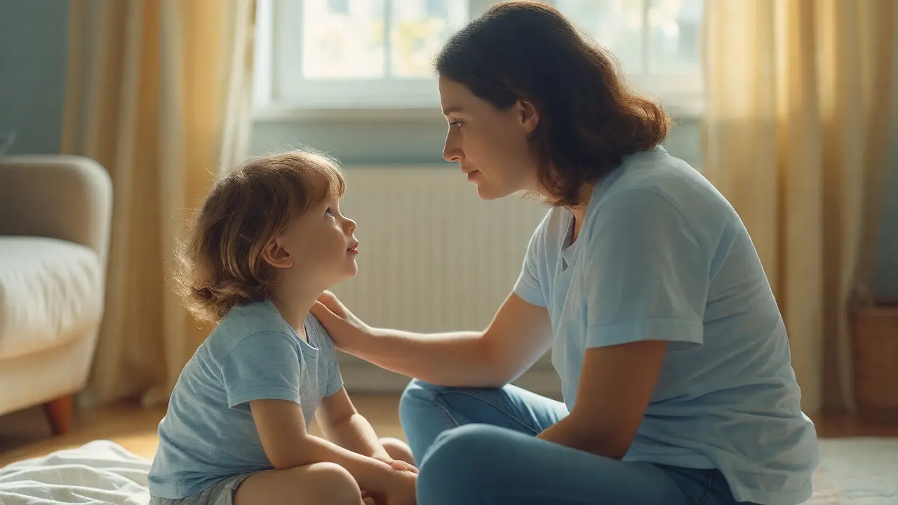 A mother sits on the floor at eye level with her child, offering comfort and calm connection after a tantrum.
