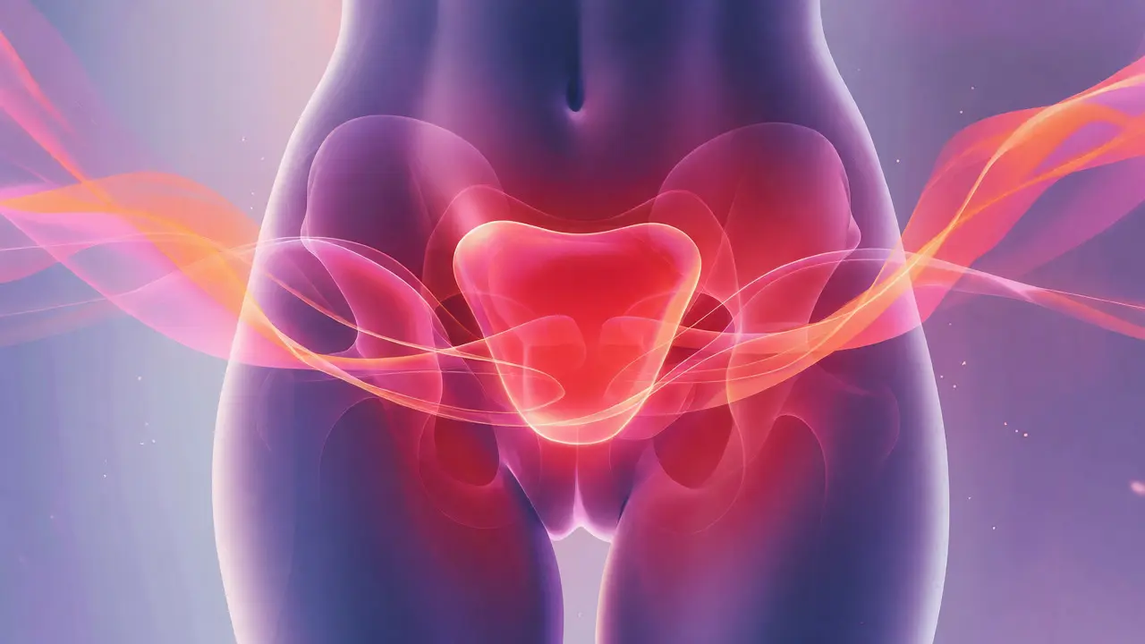 Abstract art showing pelvic glow and energy ribbons for pain relief