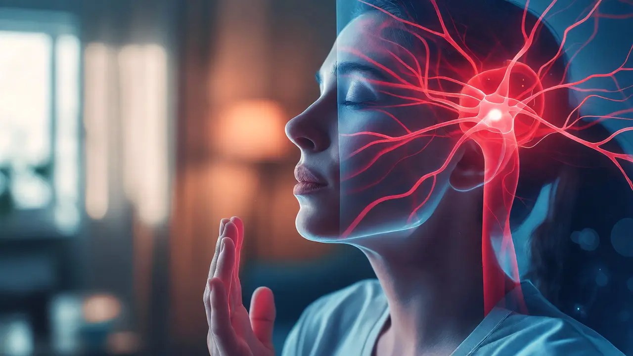 Abstract digital art showing a woman breathing deeply with glowing neural pathways representing emotional regulation.