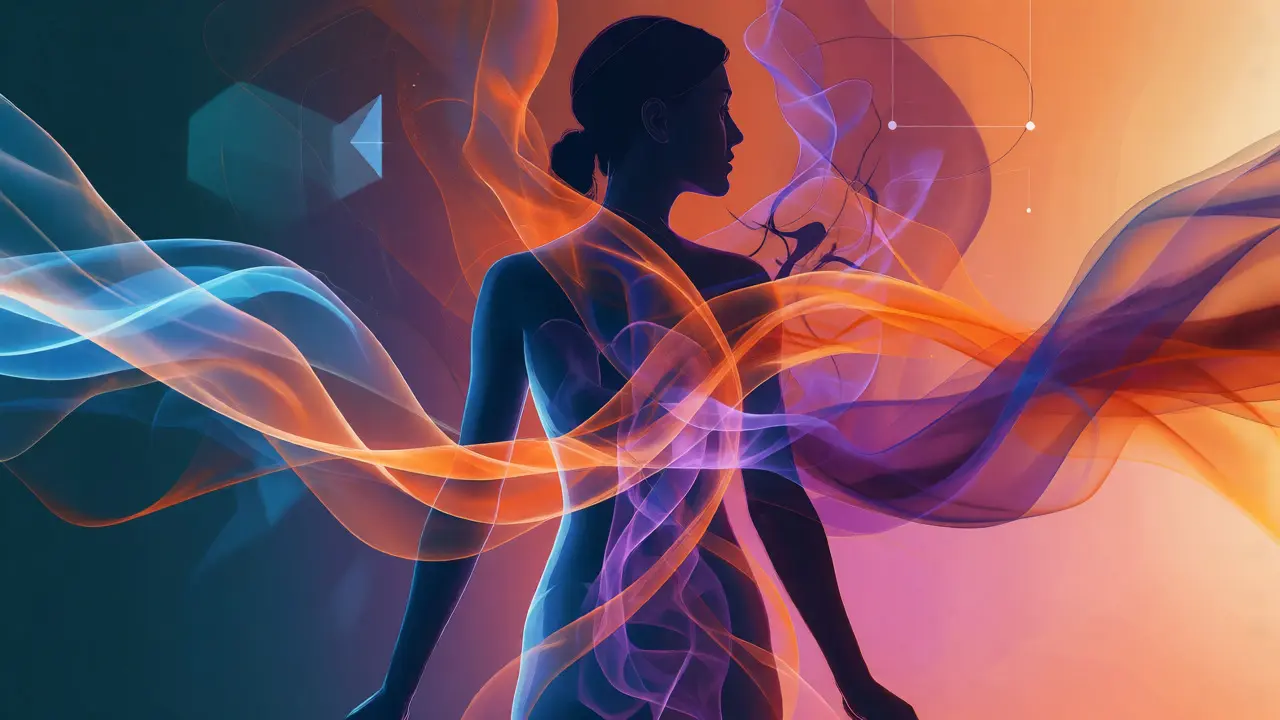 Abstract visualization of female hormones surrounding a woman's silhouette
