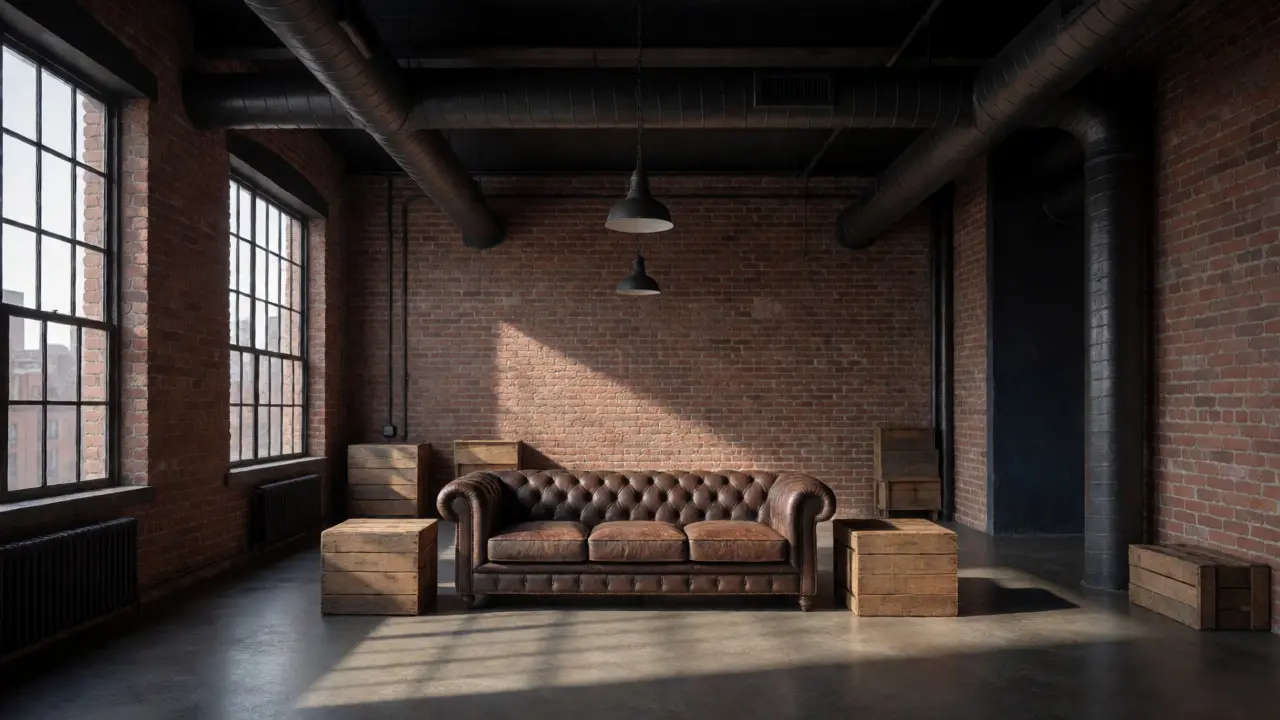 An industrial loft interior featuring exposed brick, metal pipes, and a distressed leather sofa.