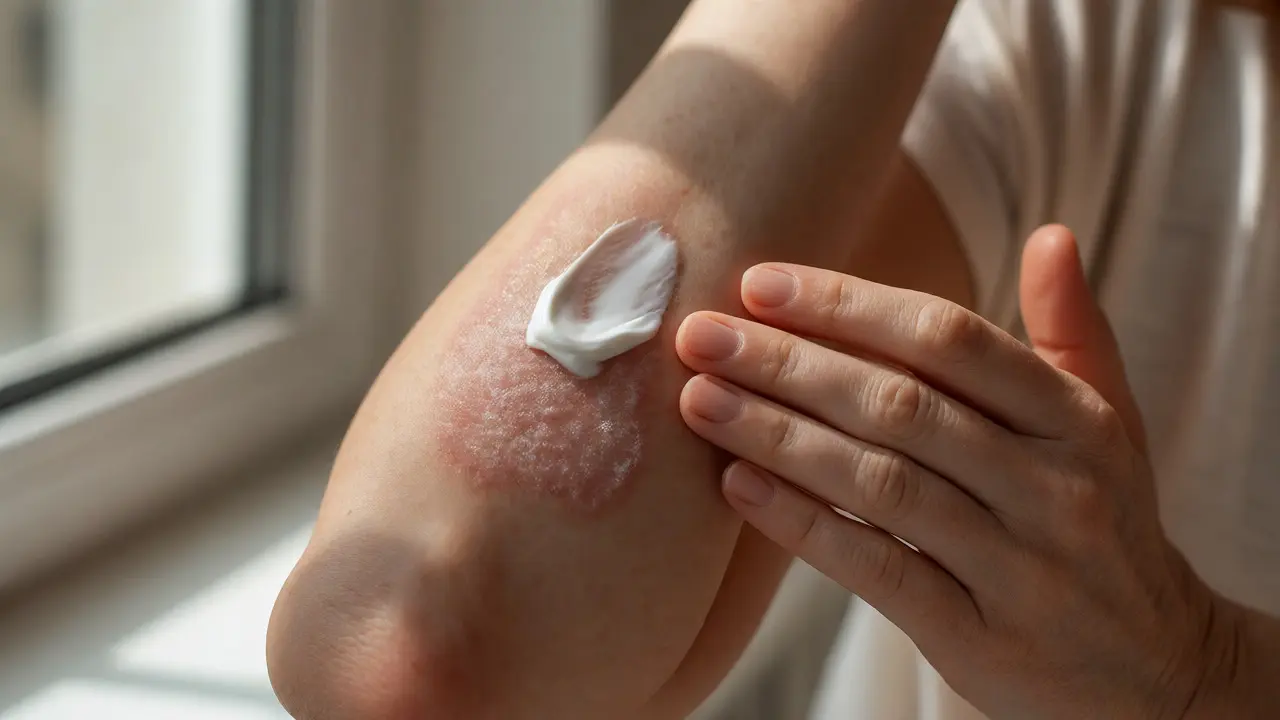 Applying moisturizer to dry, eczema-affected skin on an arm