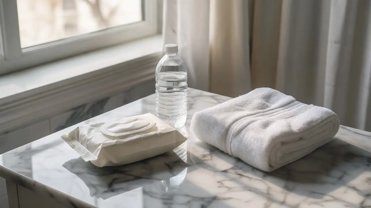 Clean bathroom setup with wipes, water, and towels for aftercare