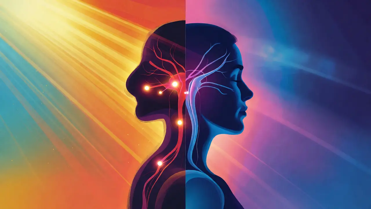 Conceptual art showing a woman bridging summer light and winter darkness.