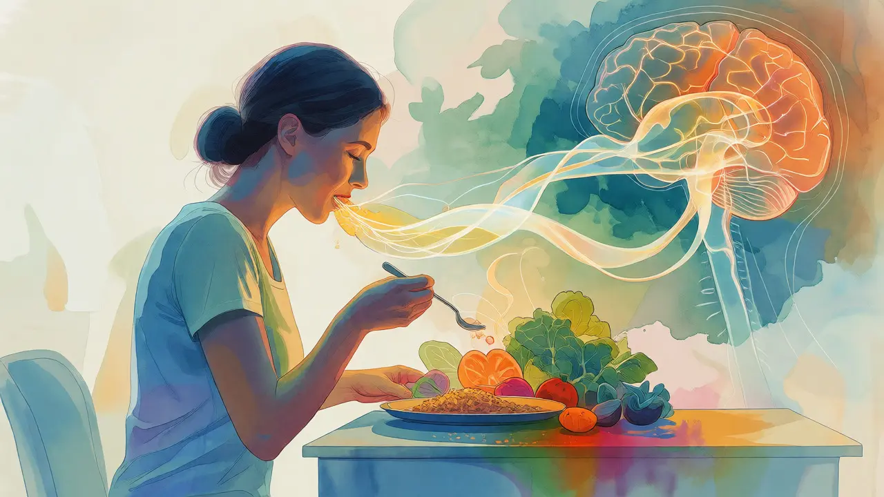 Conceptual art showing gut-brain connection during mindful eating