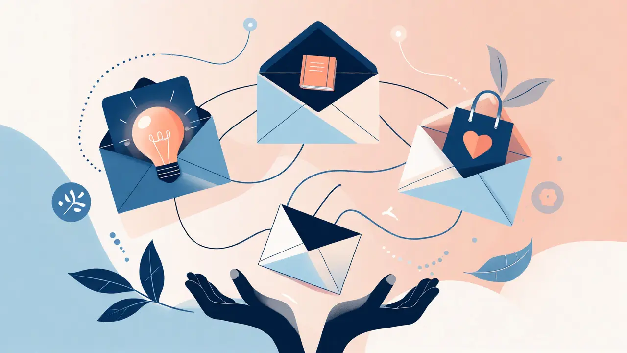 Conceptual illustration of a human-centric email funnel with envelopes and organic pathways.