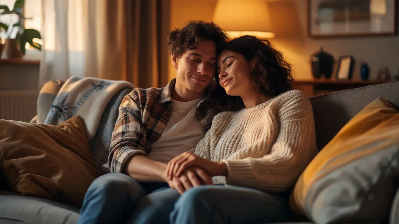 Couple sharing a tender moment of non-sexual touch on a sofa