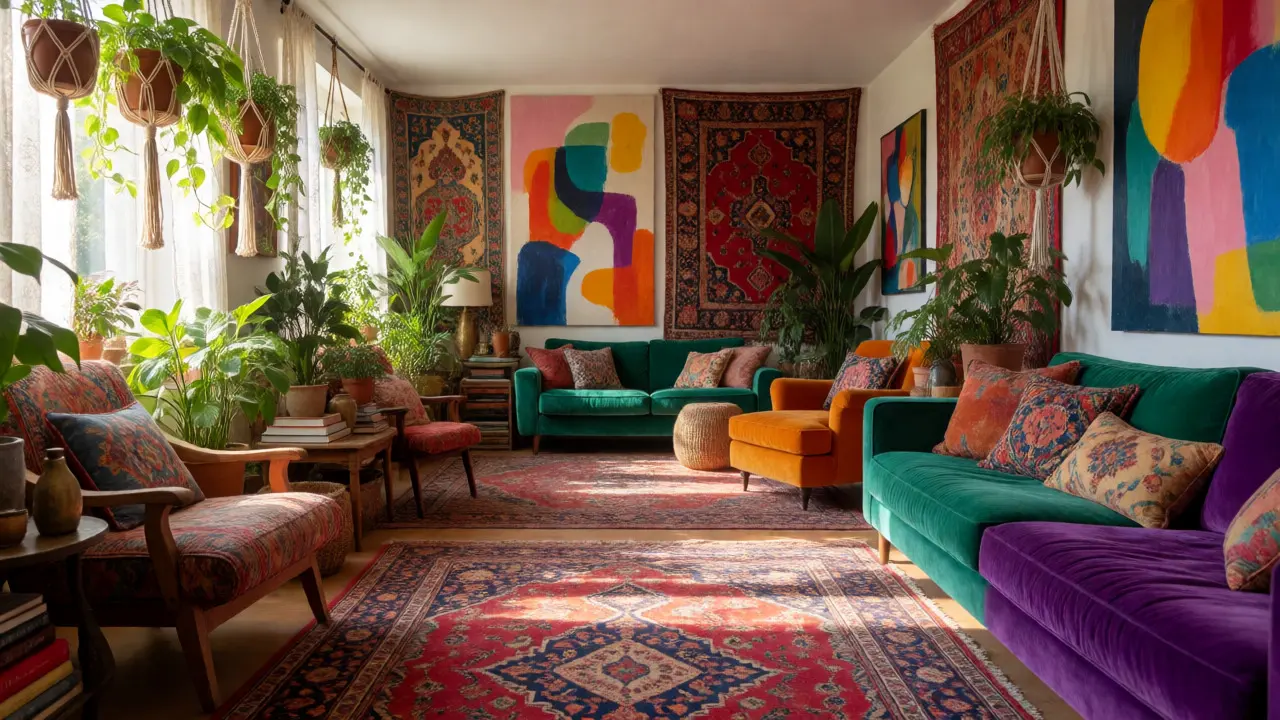 Eclectic bohemian living room with layered rugs, plants, and vibrant jewel-toned decor