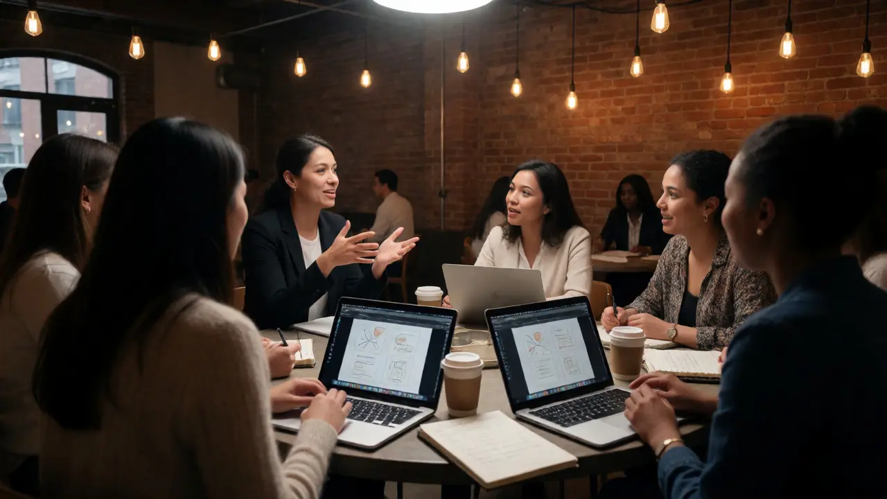 Female coach facilitating a strategic discussion with a group of women founders in a workshop.