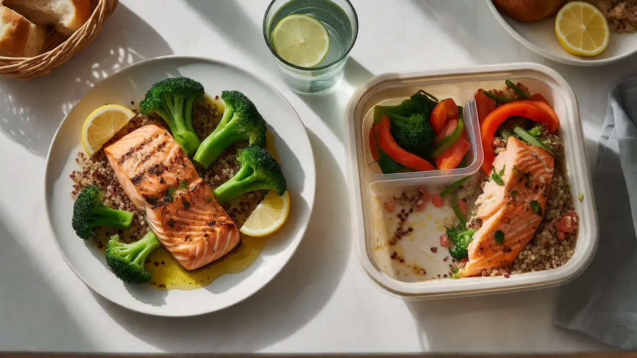 Grilled salmon plate next to a takeout box containing half the meal