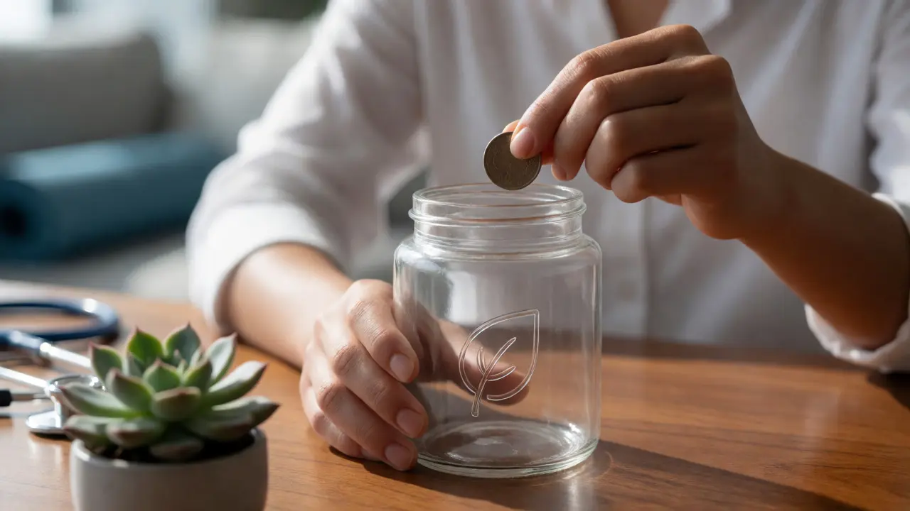 Hands saving money in a glass jar beside a plant