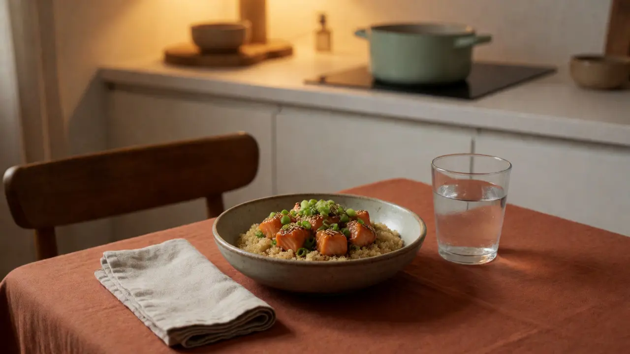 Healthy salmon quinoa bowl served on a cozy dinner table