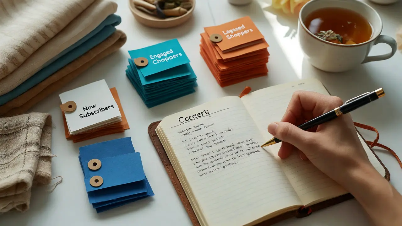 Journal and segmented cards on a desk, illustrating email list organization strategies.