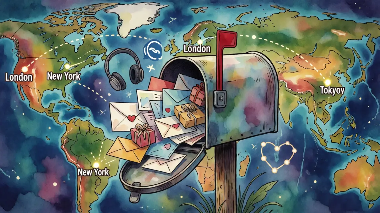 Mailbox full of letters and gifts surrounded by a global map.