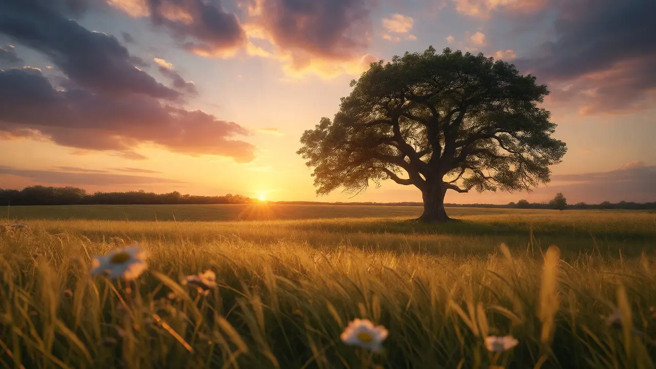 Mature tree in a golden field at sunset symbolizing long-term financial growth