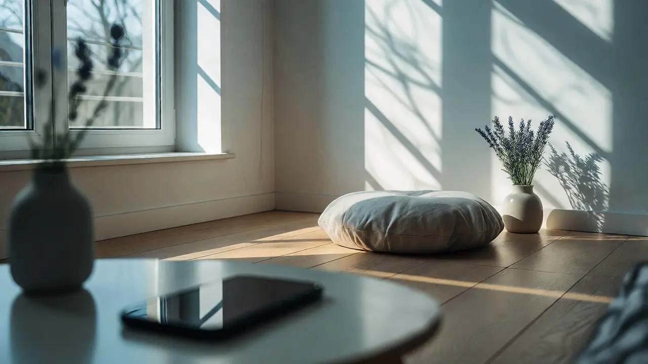 Meditation cushion and lavender in a minimalist room with a phone set aside.