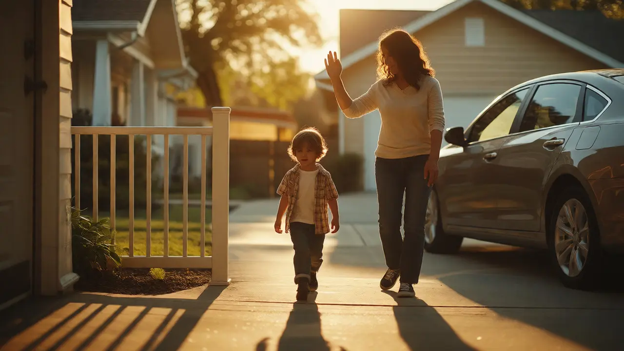 Mother waving goodbye to her son during a calm school pickup