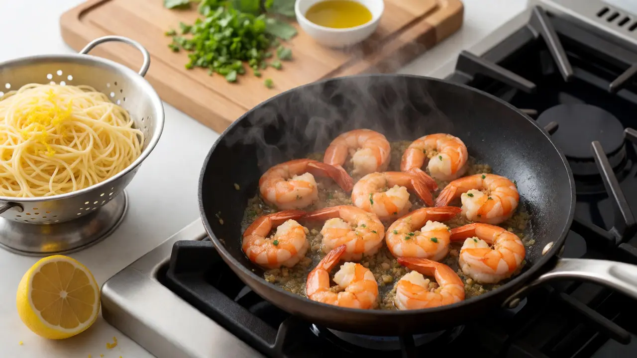Shrimp sautéing in a hot skillet for fast weeknight pasta dish