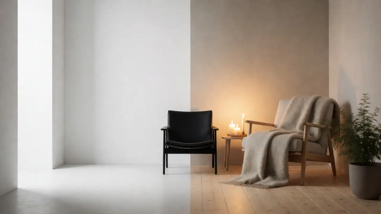 Side-by-side comparison of stark minimalist and cozy Scandinavian interior designs