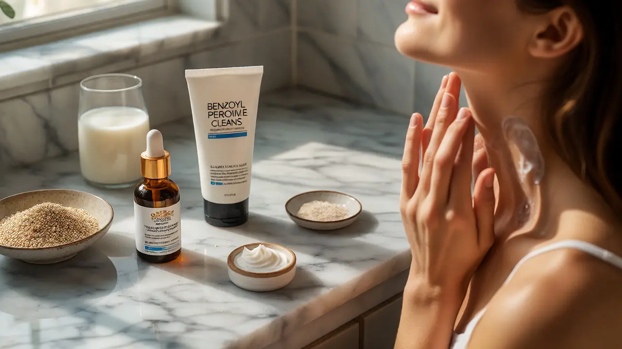Skincare products and healthy foods arranged near a person applying treatment