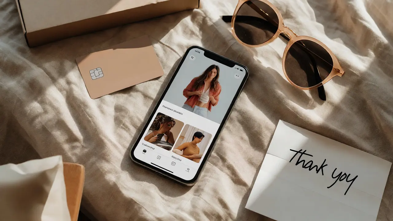 Smartphone showing online shop surrounded by products and thank you note