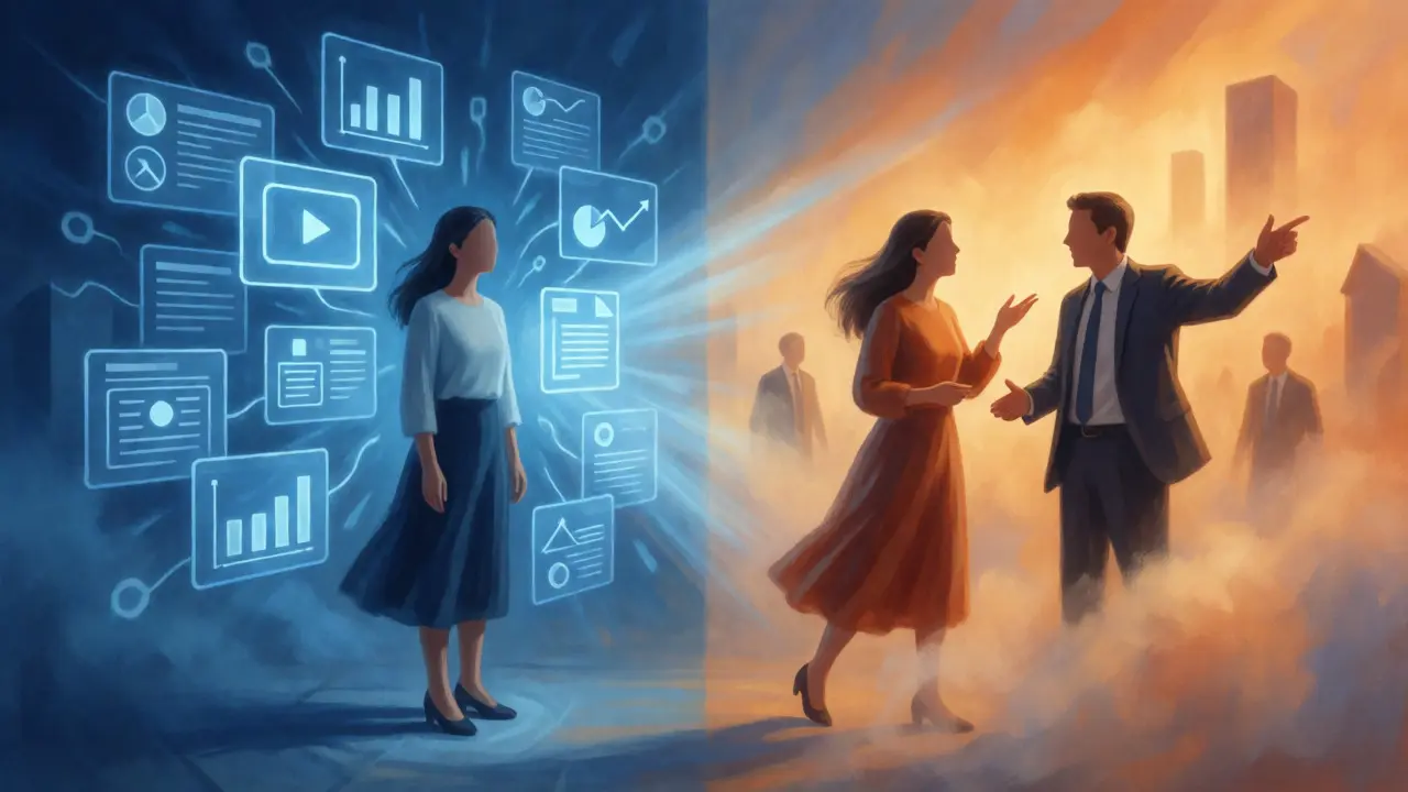 Split-screen conceptual art showing data overload versus guided clarity for women entrepreneurs.