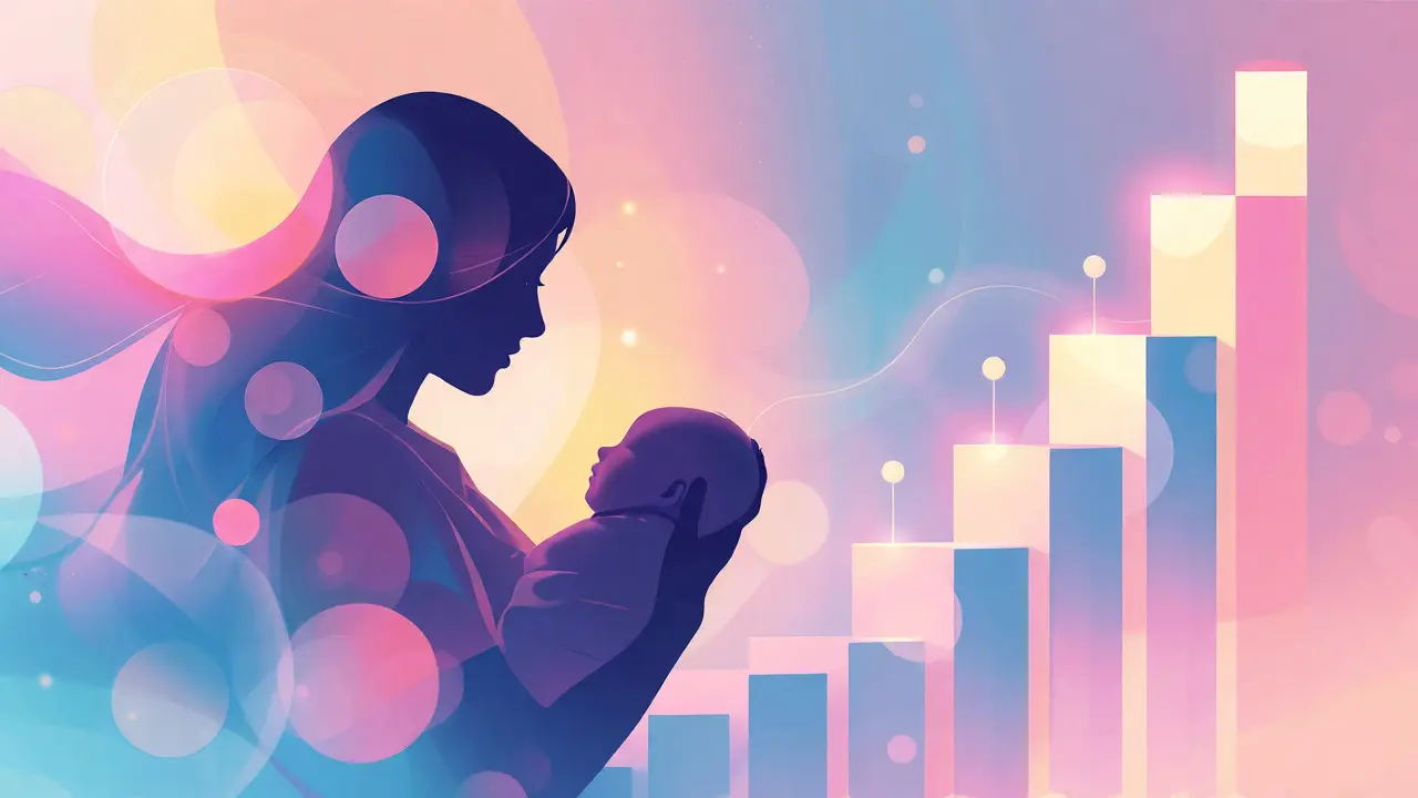 Stylized illustration of a mother and baby with abstract career growth elements.
