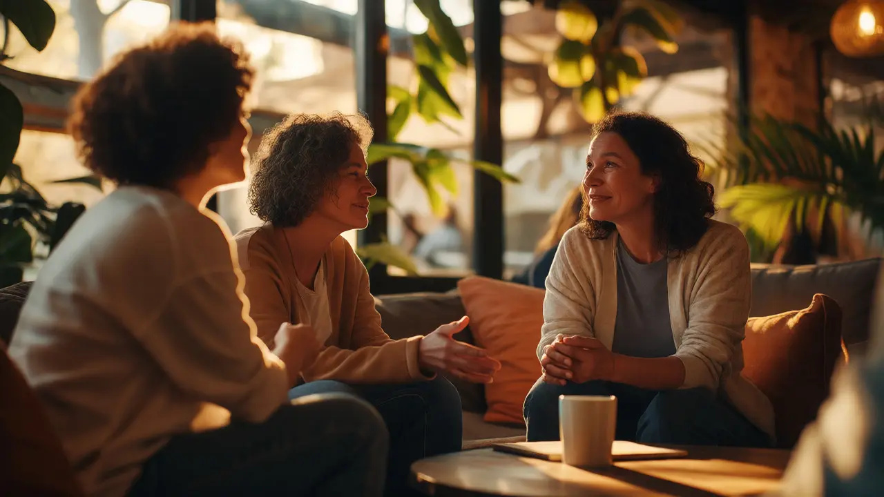 Three diverse women having a supportive, phone-free conversation in a sunlit cafe.